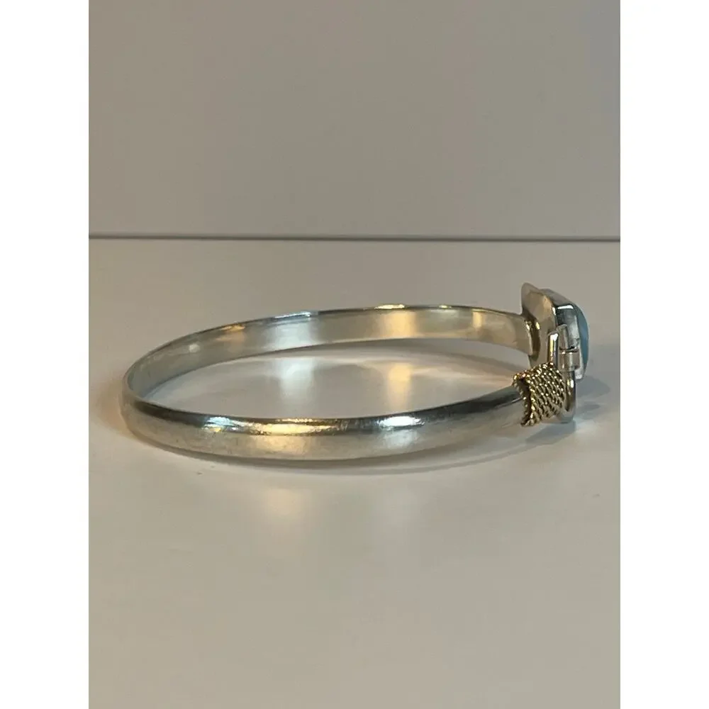 925 Sterling Silver Larimar Bracelet 14K Gold Rope Accent Cuff - Picture 8 of 11